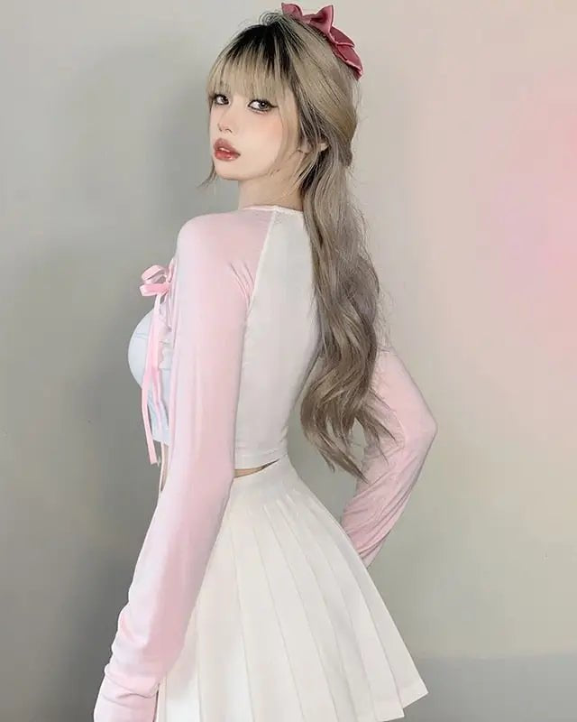 Pink Kitten Long Sleeve Crop Top for Angelcore and Fairycore Styles - Cosparty