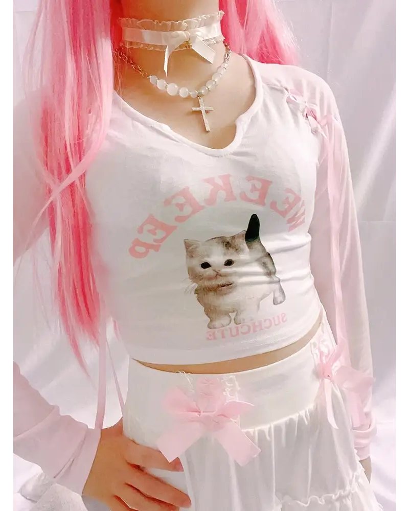 Pink Kitten Long Sleeve Crop Top - coquette, crop tops, dollette, fae, faecore Cosparty