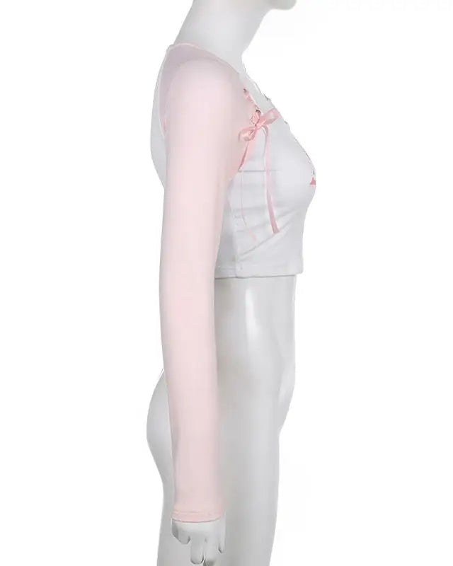 Pink Kitten Long Sleeve Crop Top for Angelcore and Fairycore Styles - shirt