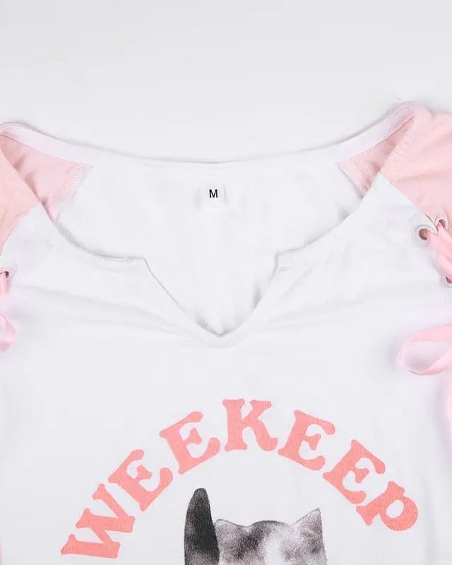 Pink Kitten Long Sleeve Crop Top for Angelcore and Fairycore Styles - Cosparty