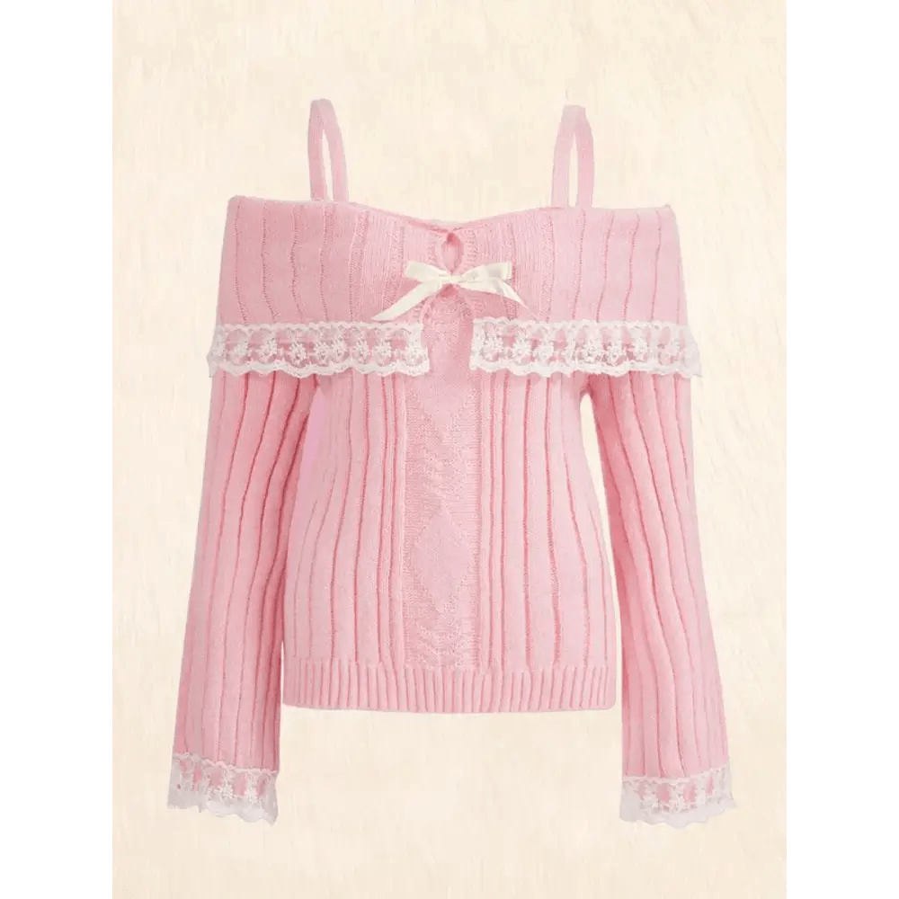 Pink Knit Princess Sweater with Off - the - Shoulder Design and Accents - Cosparty
