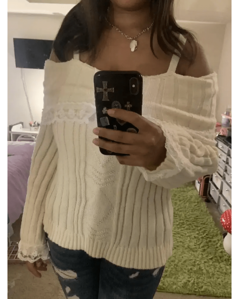 Pink Knit Princess Sweater with Off - the - Shoulder Design and Accents - Cosparty