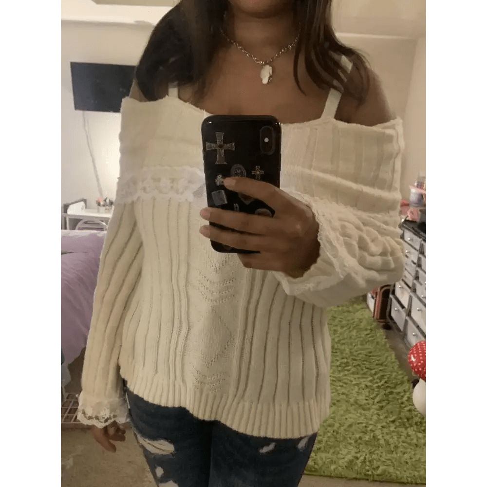 Pink Knit Princess Sweater with Off - the - Shoulder Design and Accents - Cosparty