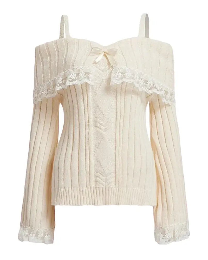 Pink Knit Princess Sweater with Off - the - Shoulder Design and Accents - Cosparty