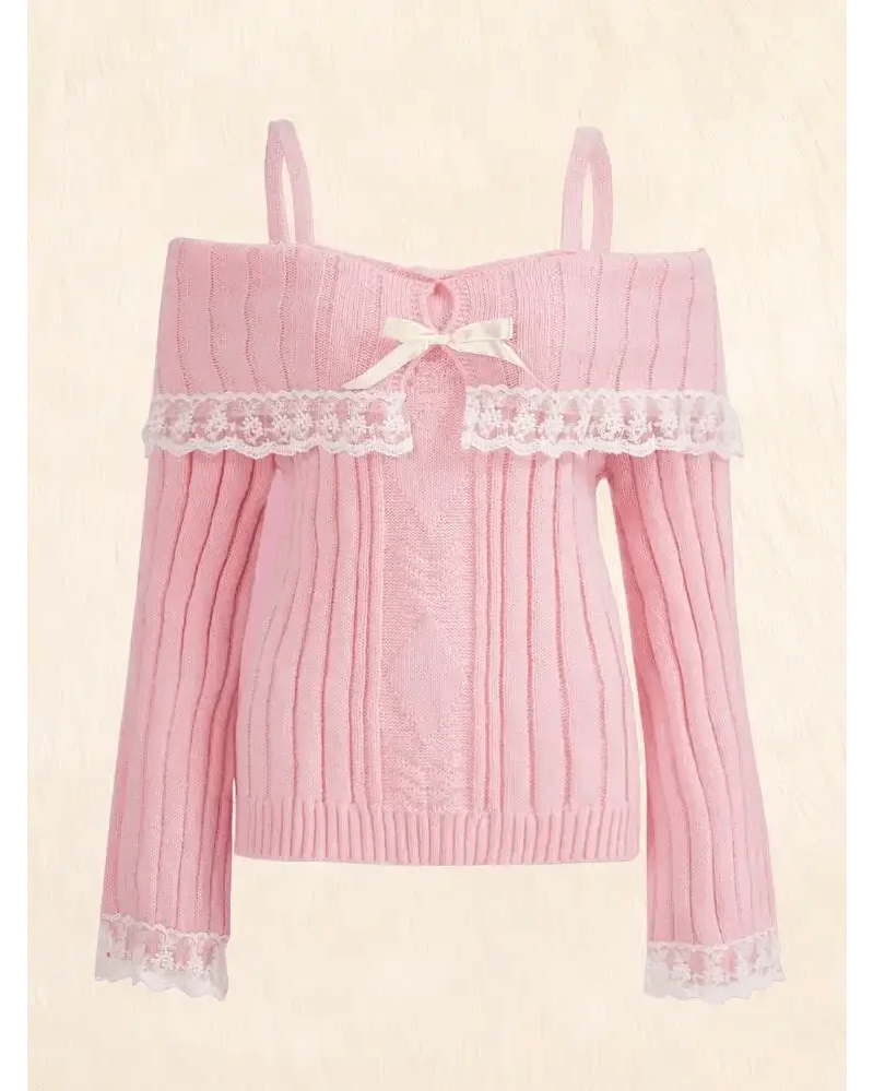 Pink Knit Princess Sweater with Off - the - Shoulder Design and Accents - Cosparty