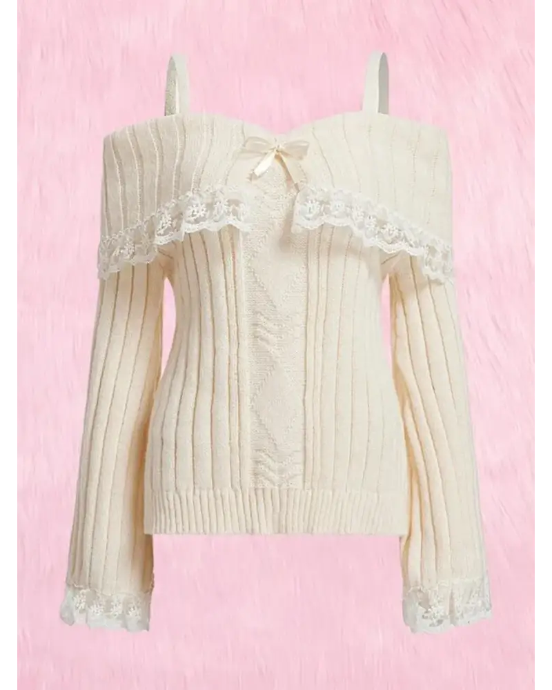 Pink Knit Princess Sweater with Off-the-Shoulder Design and Accents - White / S - sweater
