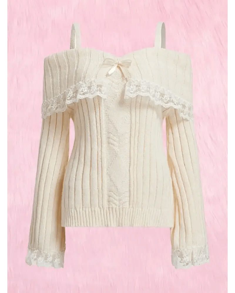 Pink Knit Princess Sweater with Off - the - Shoulder Design and Accents - Cosparty