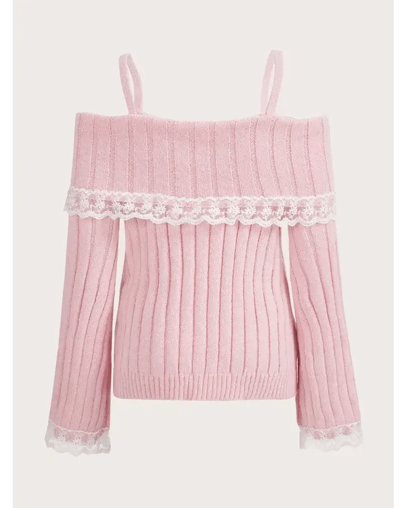 Pink Knit Princess Sweater with Off - the - Shoulder Design and Accents - Cosparty