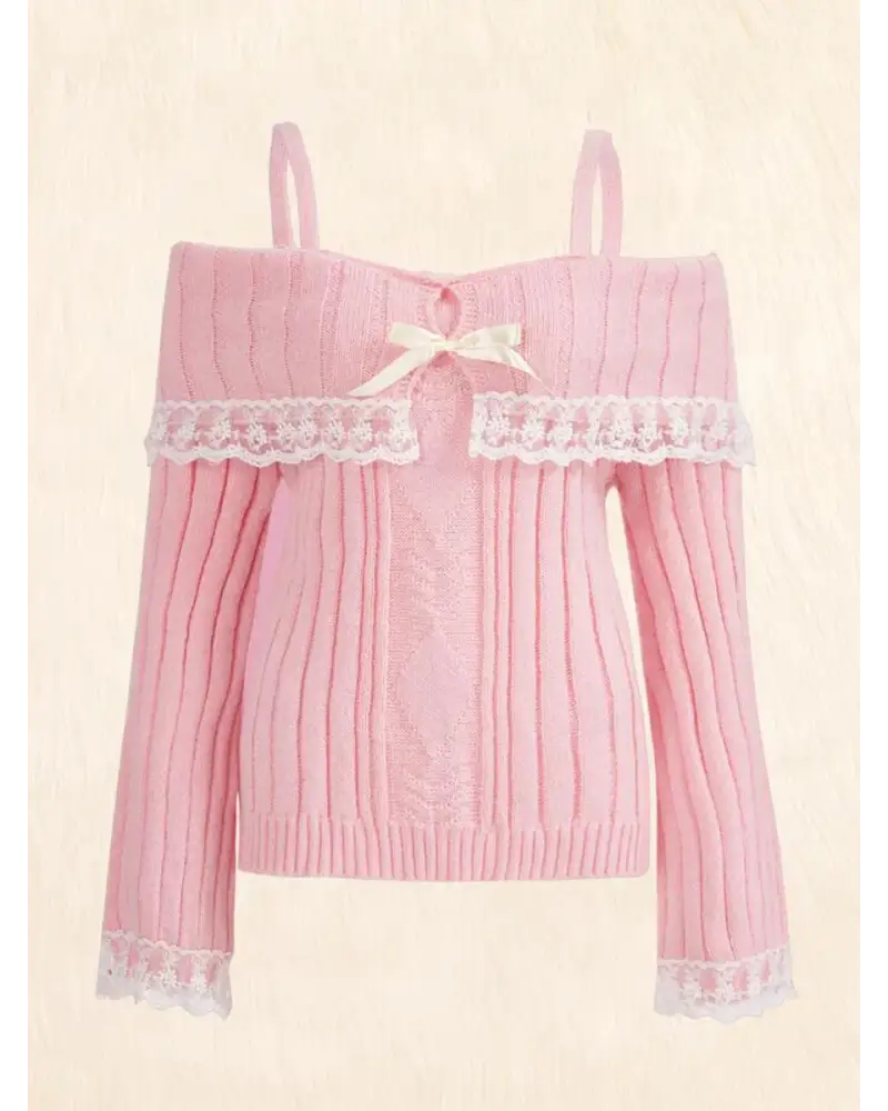 Pink Knit Princess Sweater with Off-the-Shoulder Design and Accents - sweater