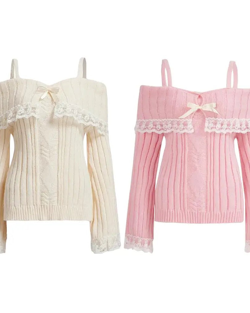 Pink Knit Princess Sweater with Off - the - Shoulder Design and Accents - Cosparty