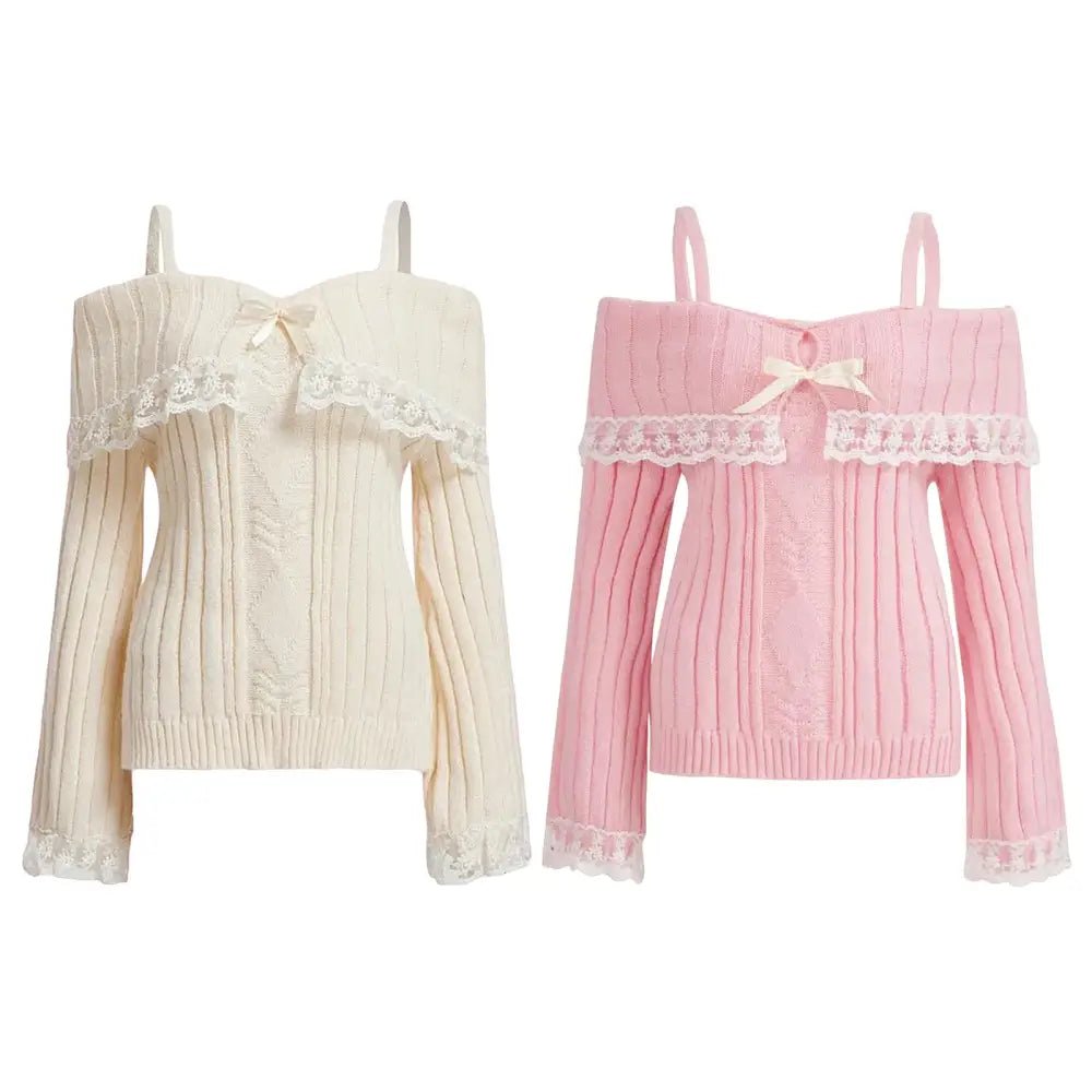 Pink Knit Princess Sweater with Off - the - Shoulder Design and Accents - Cosparty