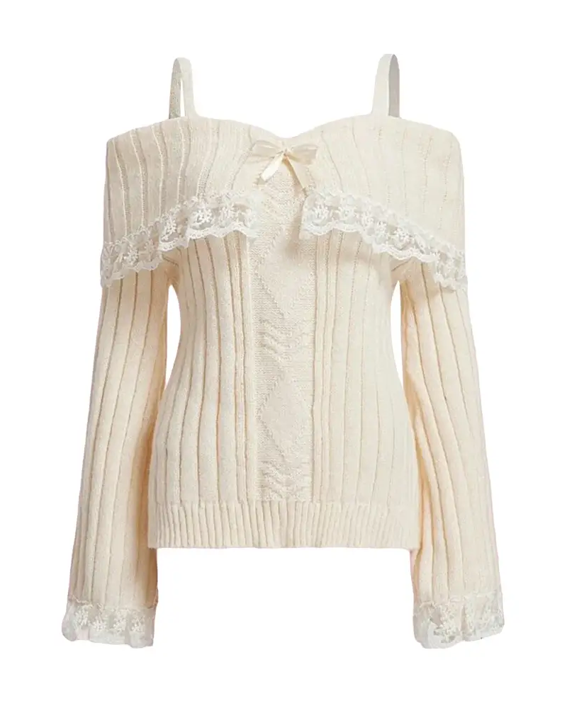 Pink Knit Princess Sweater with Off-the-Shoulder Design and Accents - sweater