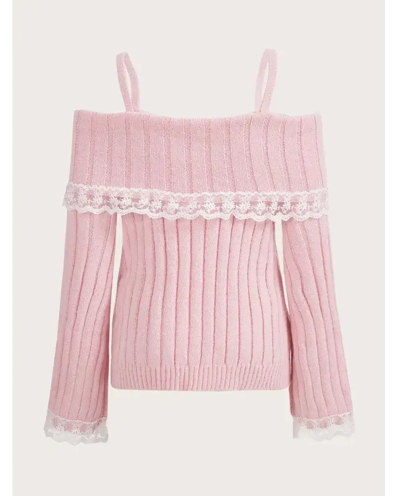Pink Knit Princess Sweater with Off-the-Shoulder Design and Accents - sweater
