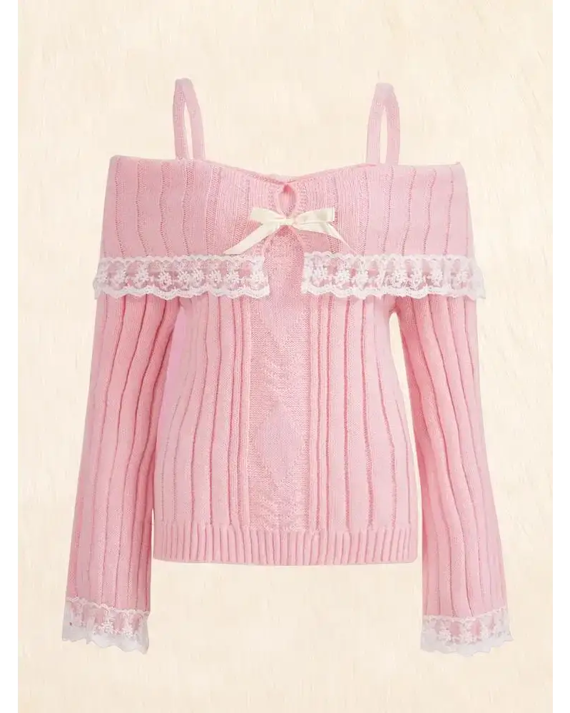Pink Knit Princess Sweater with Off-the-Shoulder Design and Accents - Pink / S - sweater