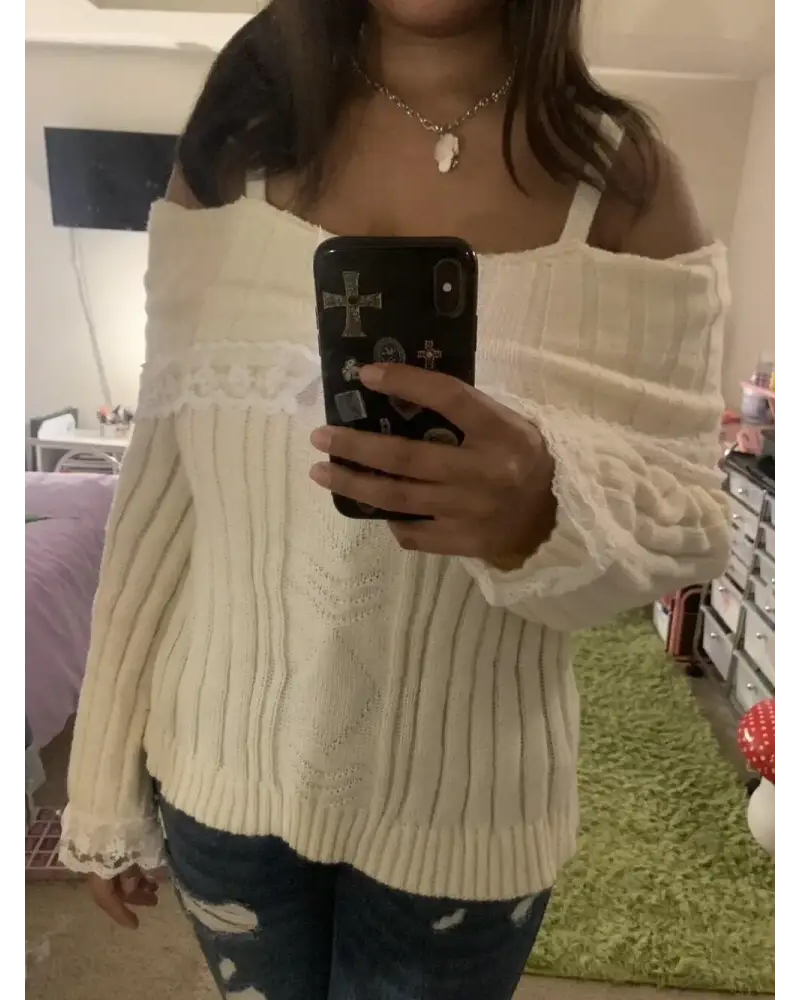 Pink Knit Princess Sweater with Off-the-Shoulder Design and Accents - sweater