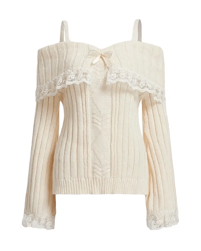 Pink Knit Princess Sweater with Off - the - Shoulder Design and Accents - Cosparty