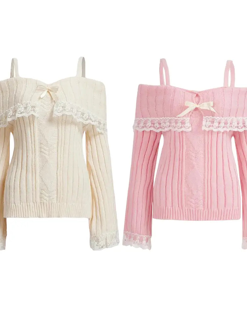 Pink Knit Princess Sweater with Off-the-Shoulder Design and Accents - sweater
