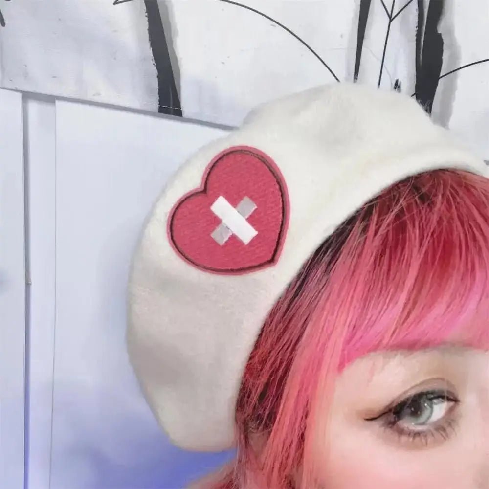 Pink Menhera Nurse Beret for Kawaii Fashion Enthusiasts - Cosparty