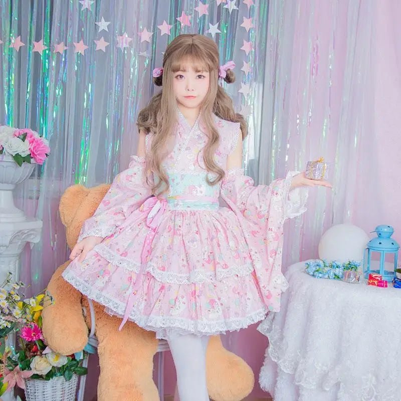 Pink or Blue Ruffled Lolita Kimono Dress with 55cm Skirt Length - Cosparty