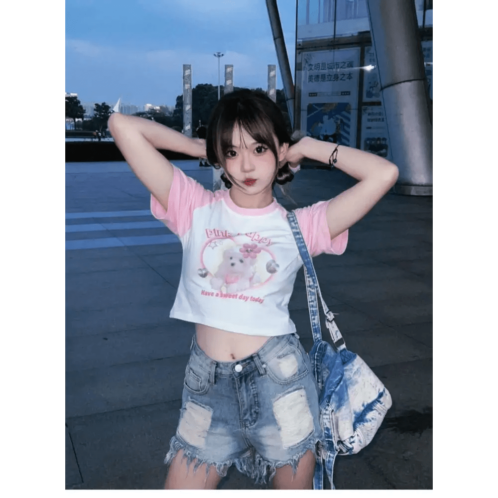 Pink Puppy Crop Top for Y2K Fashion Lovers - Cosparty