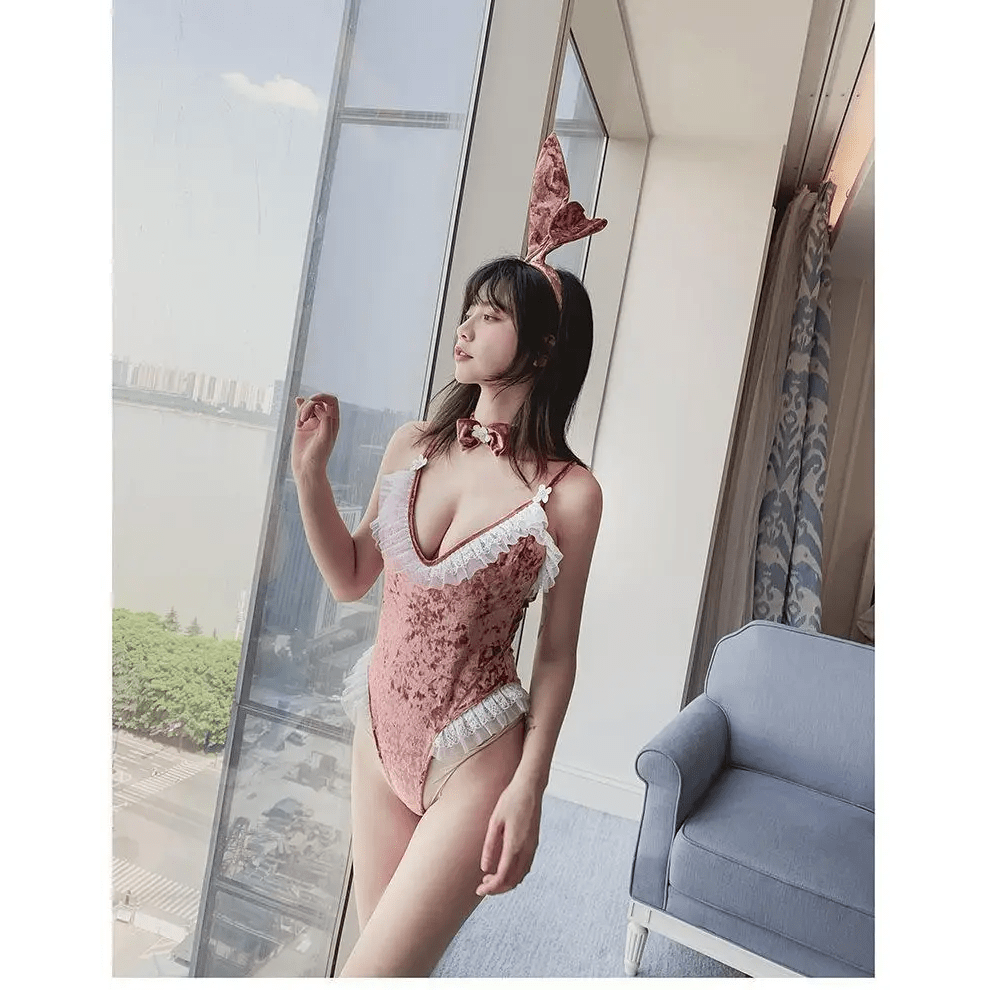 Pink Velour Ruffled Bunny Cosplay Bodysuit with Lace Trim and Ears - Cosparty