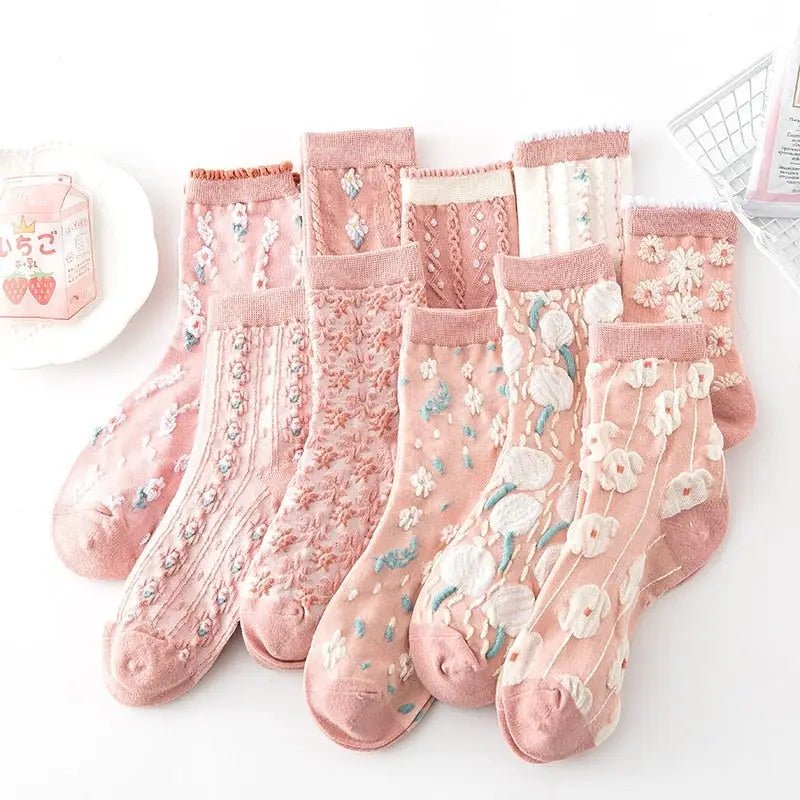 Pink Vintage Floral Socks for Kawaii and Fairycore Styles - Cosparty