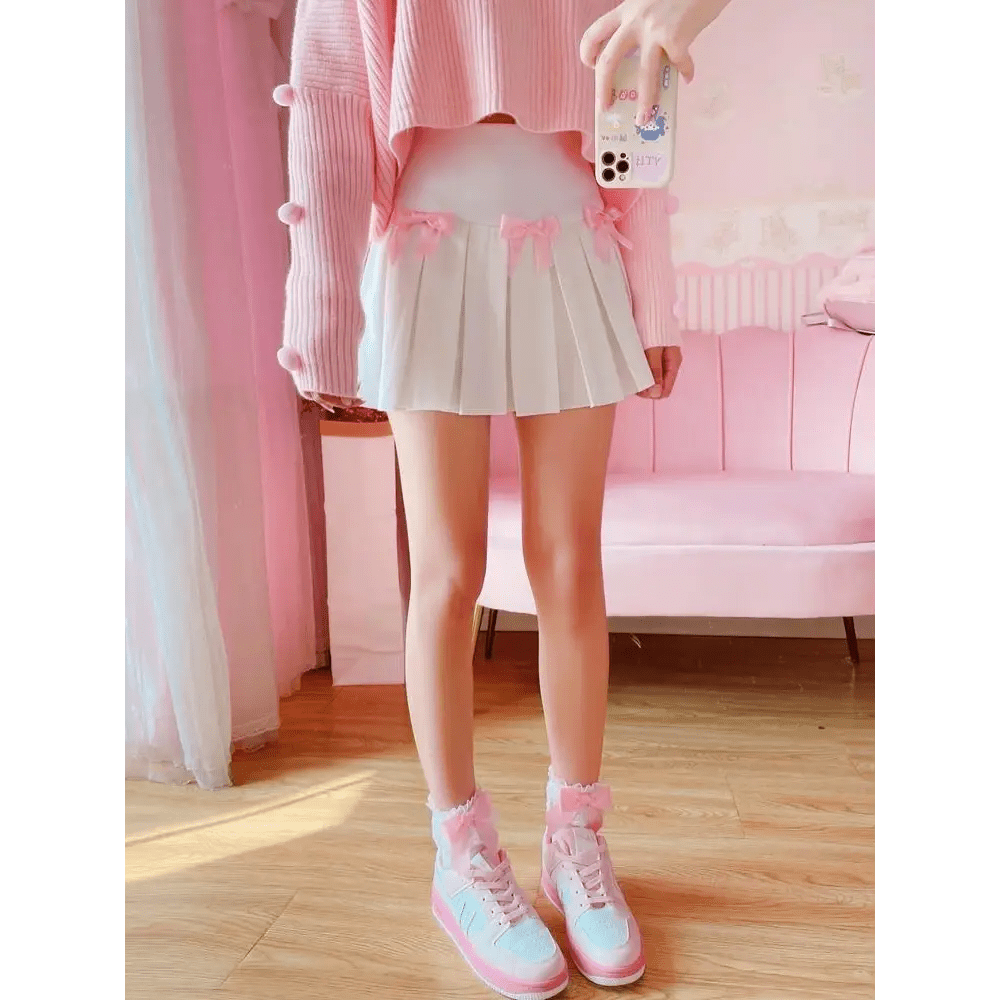 Princess Aesthetic Pink and White Ribbon Tennis Skirt - Cosparty