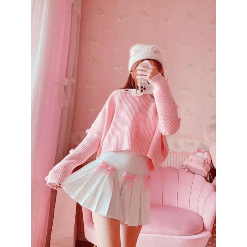 Princess Aesthetic Pink and White Ribbon Tennis Skirt - Cosparty