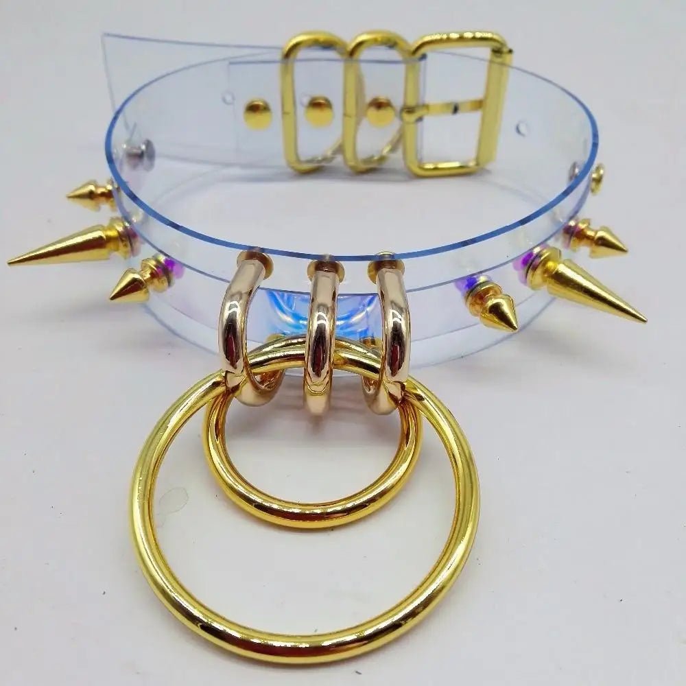 Punk Rock Clear Choker with Spiked Metal Detail and O - Ring Hooks - Cosparty