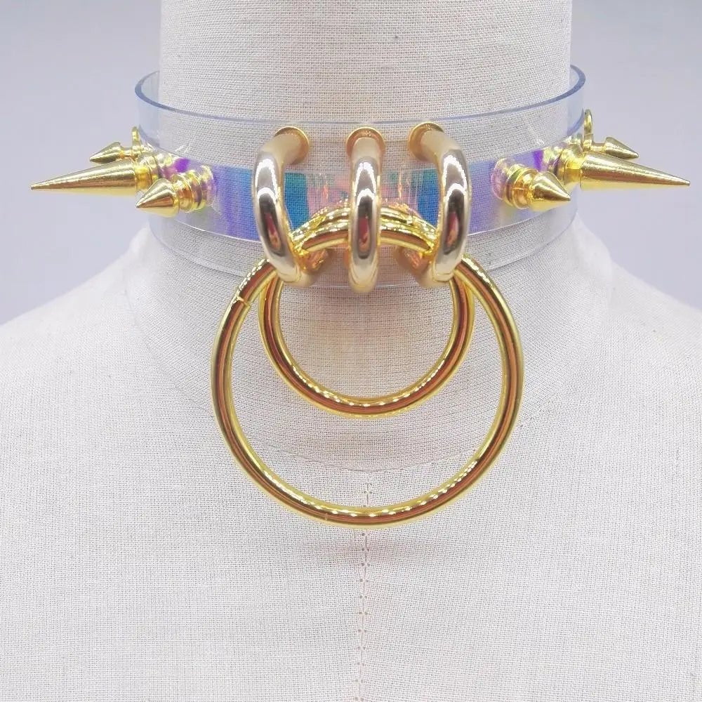Punk Rock Clear Choker with Spiked Metal Detail and O - Ring Hooks - Cosparty