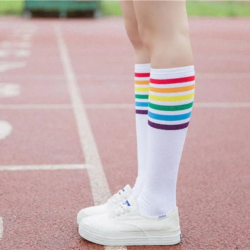 Rainbow Striped Knee - High Socks in Black or White - Cosparty