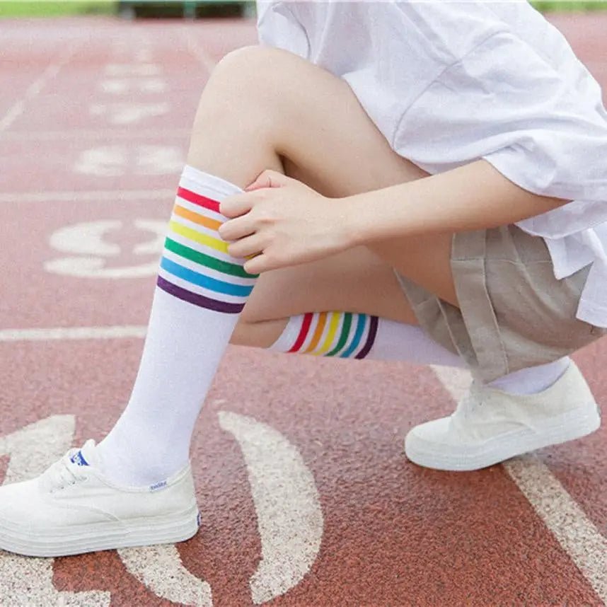 Rainbow Striped Knee - High Socks in Black or White - Cosparty
