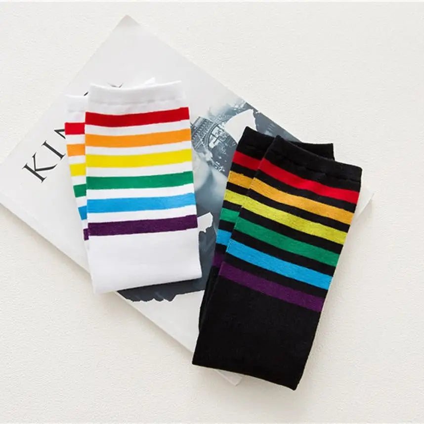 Rainbow Striped Knee - High Socks in Black or White - Cosparty
