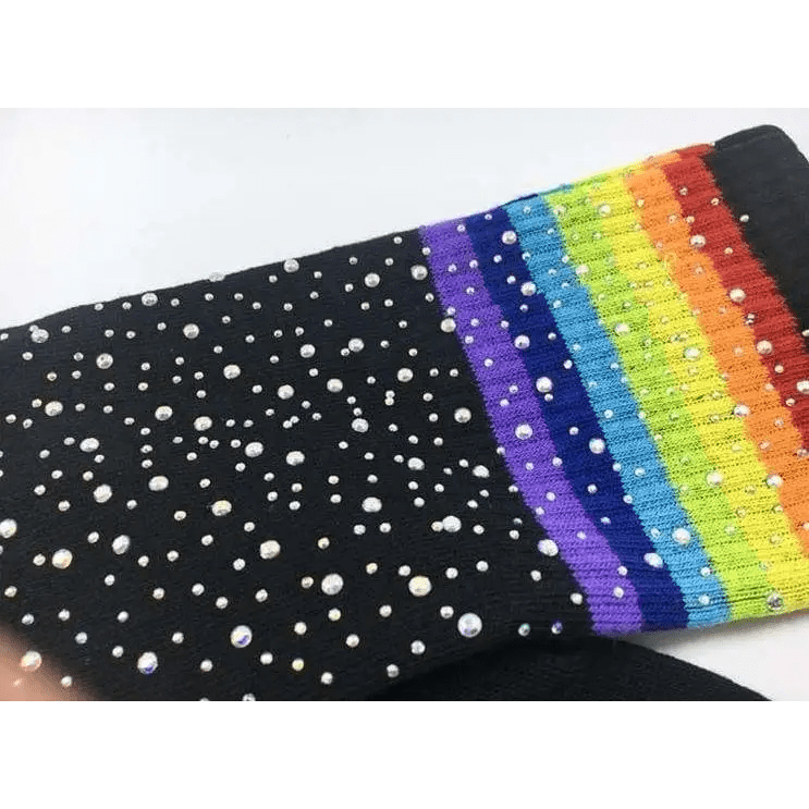 Rainbow Thigh High Glitter Socks with Rhinestones - Cosparty