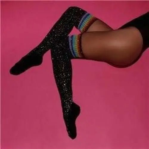 Rainbow Thigh High Glitter Socks with Rhinestones - Cosparty