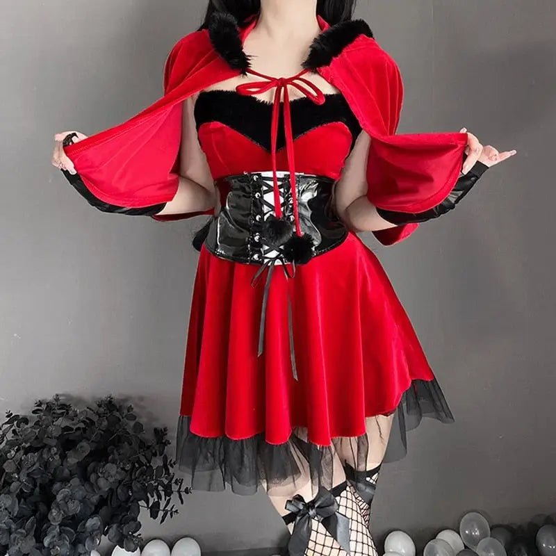 Red Riding Hood Inspired Dress with Vegan Leather Accents - Cosparty