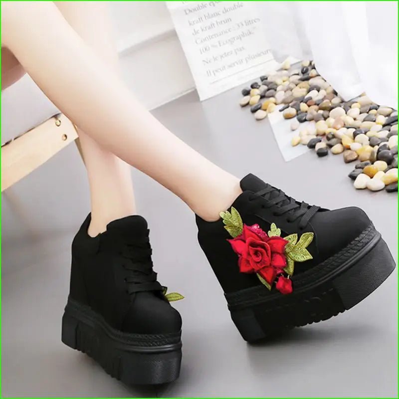 Red Rose Embroidered Chunky Wedge Platform Sneakers - Cosparty