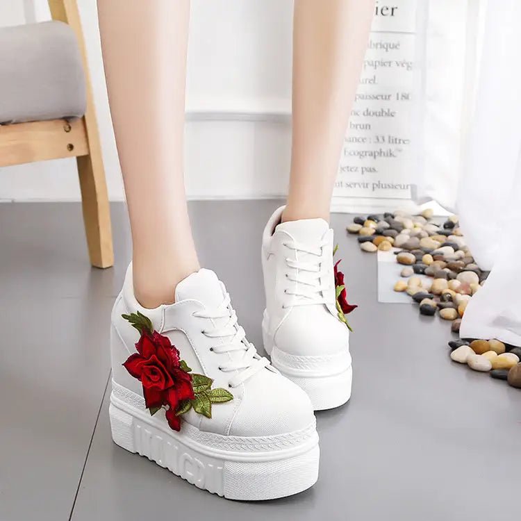 Red Rose Embroidered Chunky Wedge Platform Sneakers - Cosparty