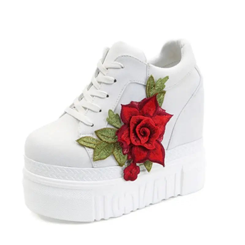 Red Rose Embroidered Chunky Wedge Platform Sneakers - Cosparty