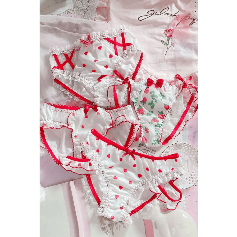 Red & White Seductive Panties with Ruffles and Cute Bows - Cosparty