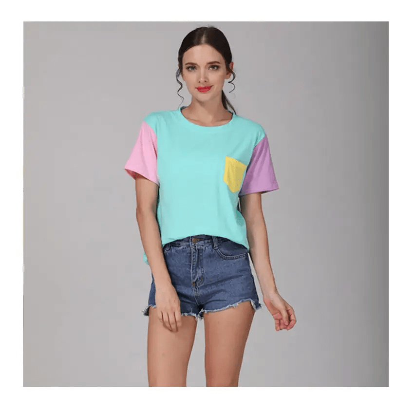 Retro 80s Patchwork Pastel - Kei Tee with Chest Pocket - Cosparty