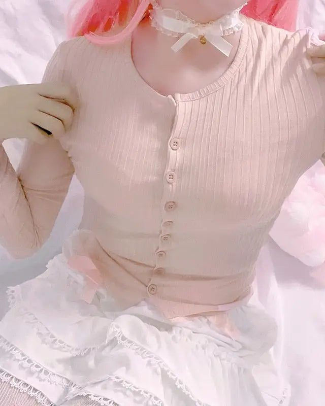 Ribbed Knit Cardigan Top for Angelcore and Fairycore Styles - Cosparty