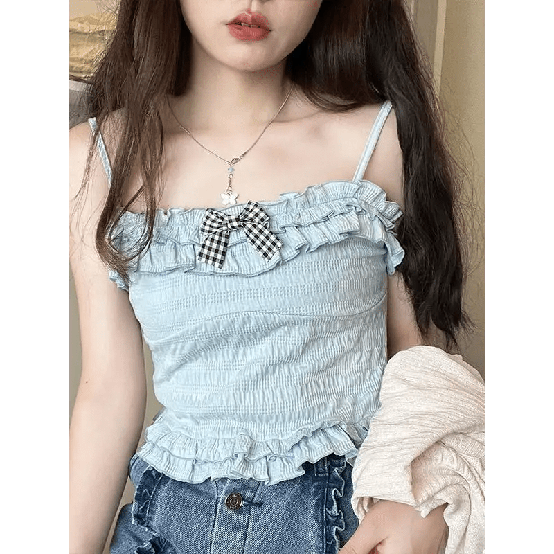 Ruched Babydoll Crop Top with Ruffled and Plaid Ribbons - Cosparty