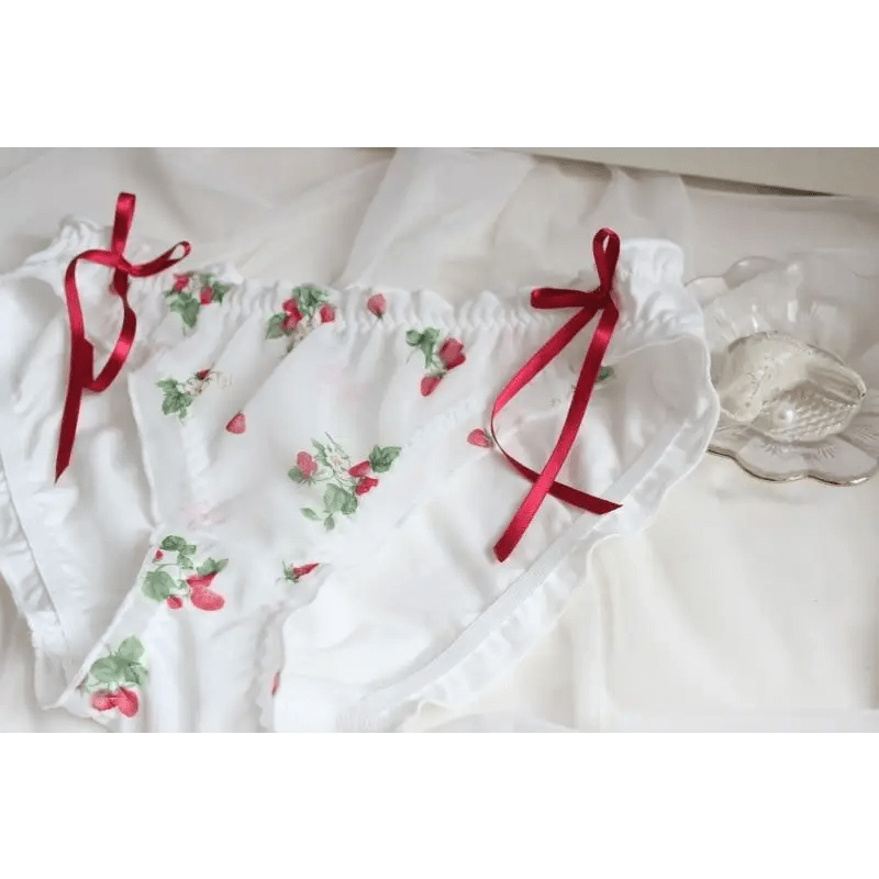 Ruffled Strawberry Patterned Underwear with Lace Trim and Ribbons - Cosparty