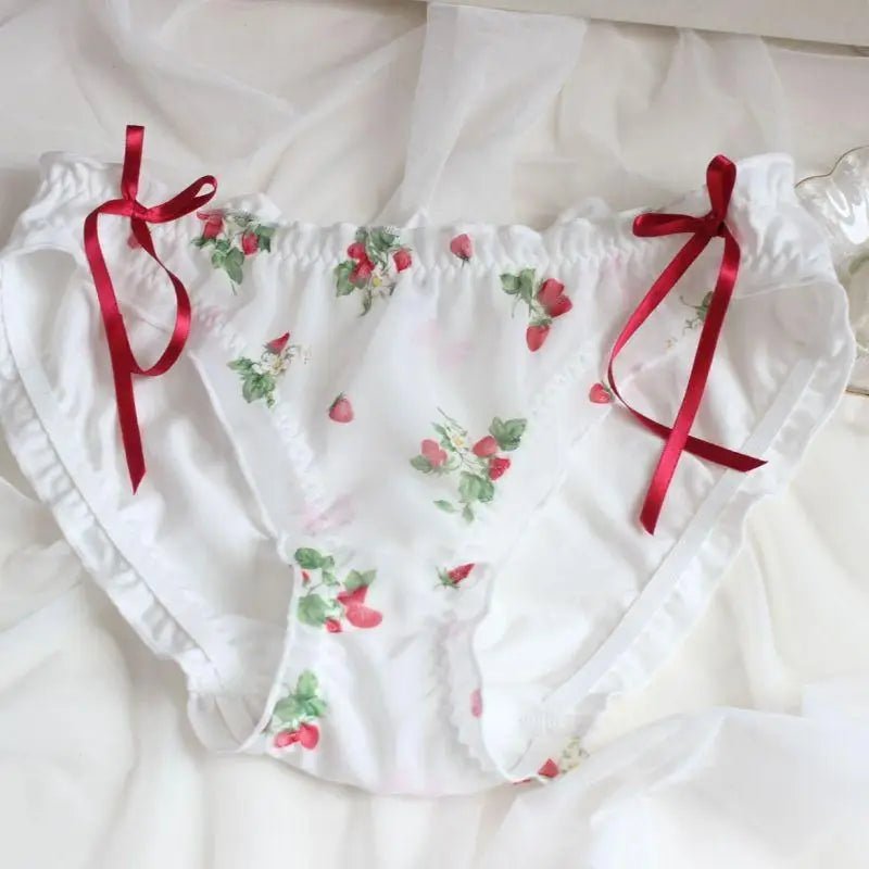 Ruffled Strawberry Patterned Underwear with Lace Trim and Ribbons - Cosparty