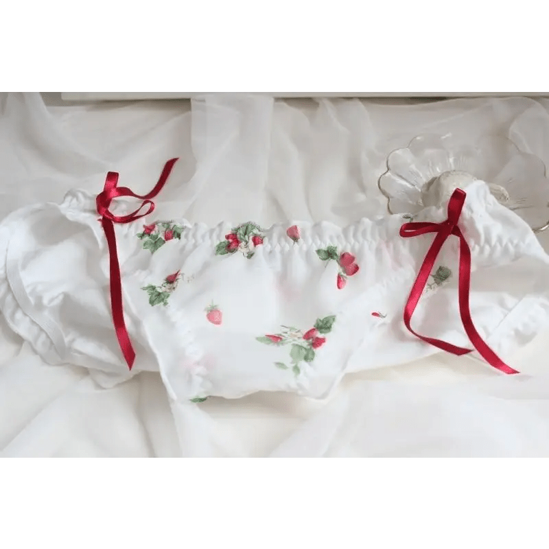 Ruffled Strawberry Patterned Underwear with Lace Trim and Ribbons - Cosparty