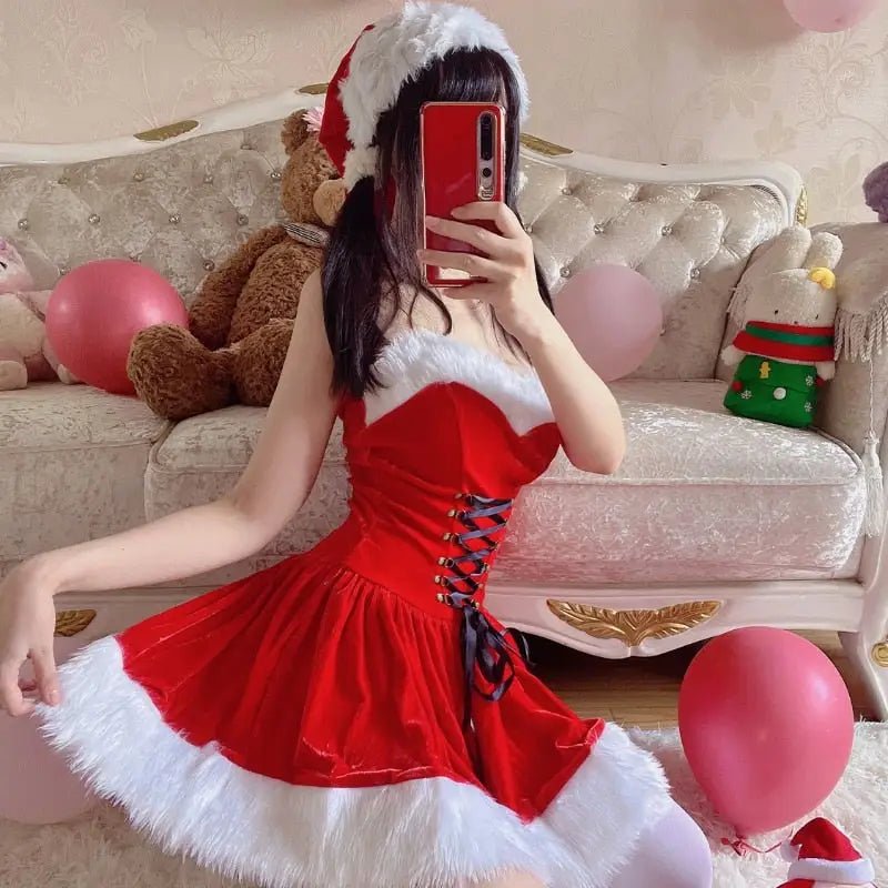 Santa Claus Inspired Dress with Matching Hat and Shawl - Cosparty
