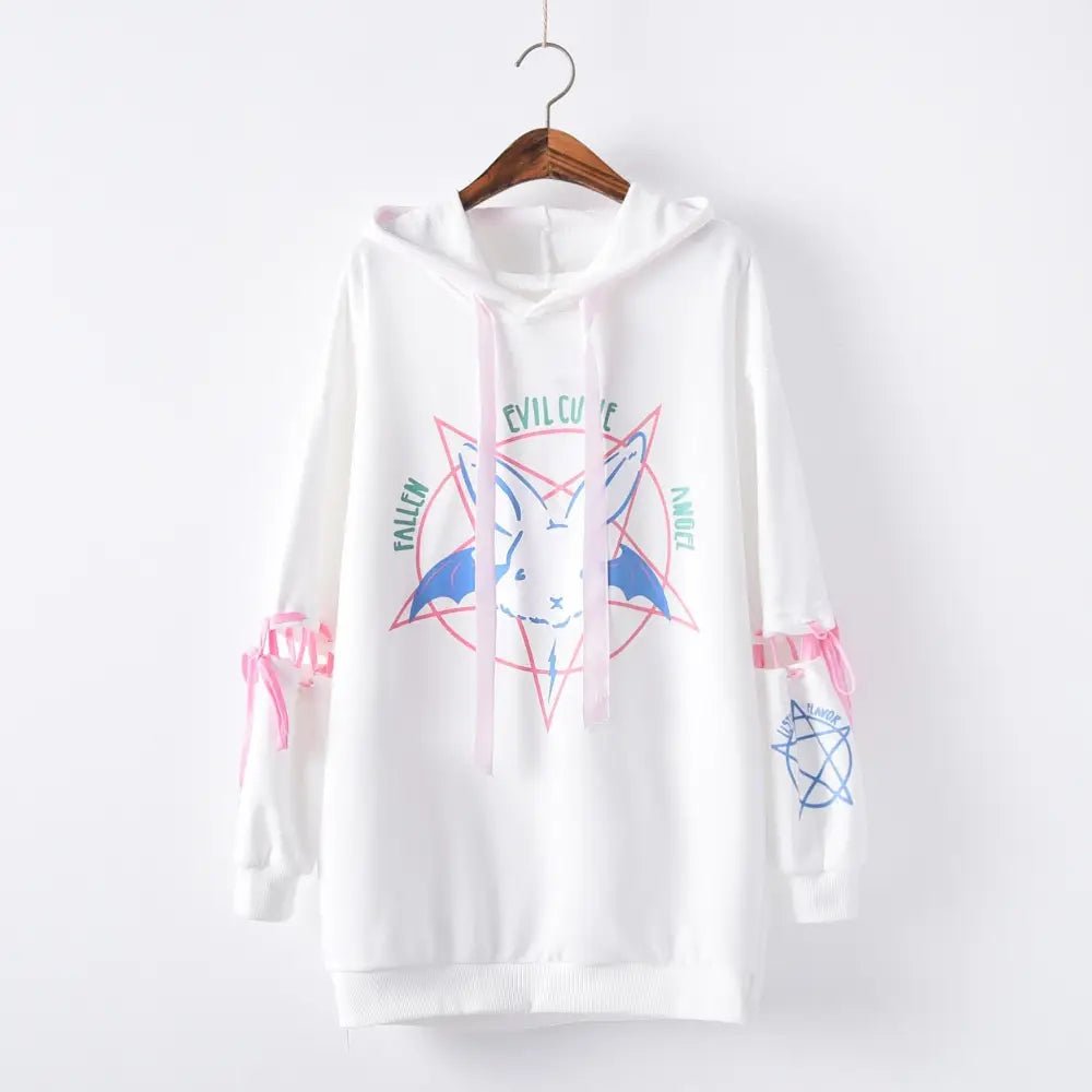 Satanic Bunny Hooded Sweatshirt with Corset Lace - Up Sleeves - Cosparty