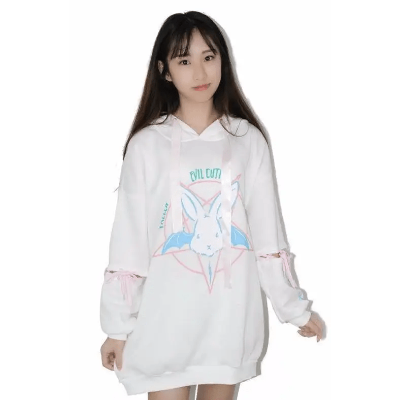 Satanic Bunny Hooded Sweatshirt with Corset Lace - Up Sleeves - Cosparty