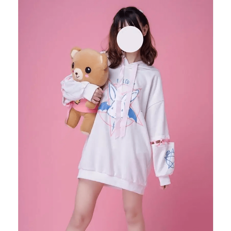 Satanic Bunny Hooded Sweatshirt with Corset Lace - Up Sleeves - Cosparty